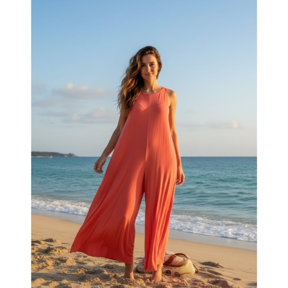 NWT Free People FP Beach Easy Livin One Piece in Coral Wide Leg Jumpsuit XS